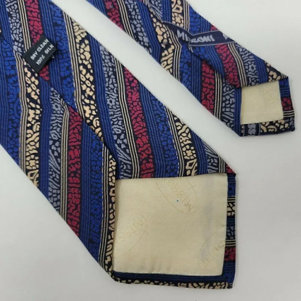 VINTAGE MISSONI ITALY SILK TIE ABSTRACT STRIPE RED BLUE TAN 3.25